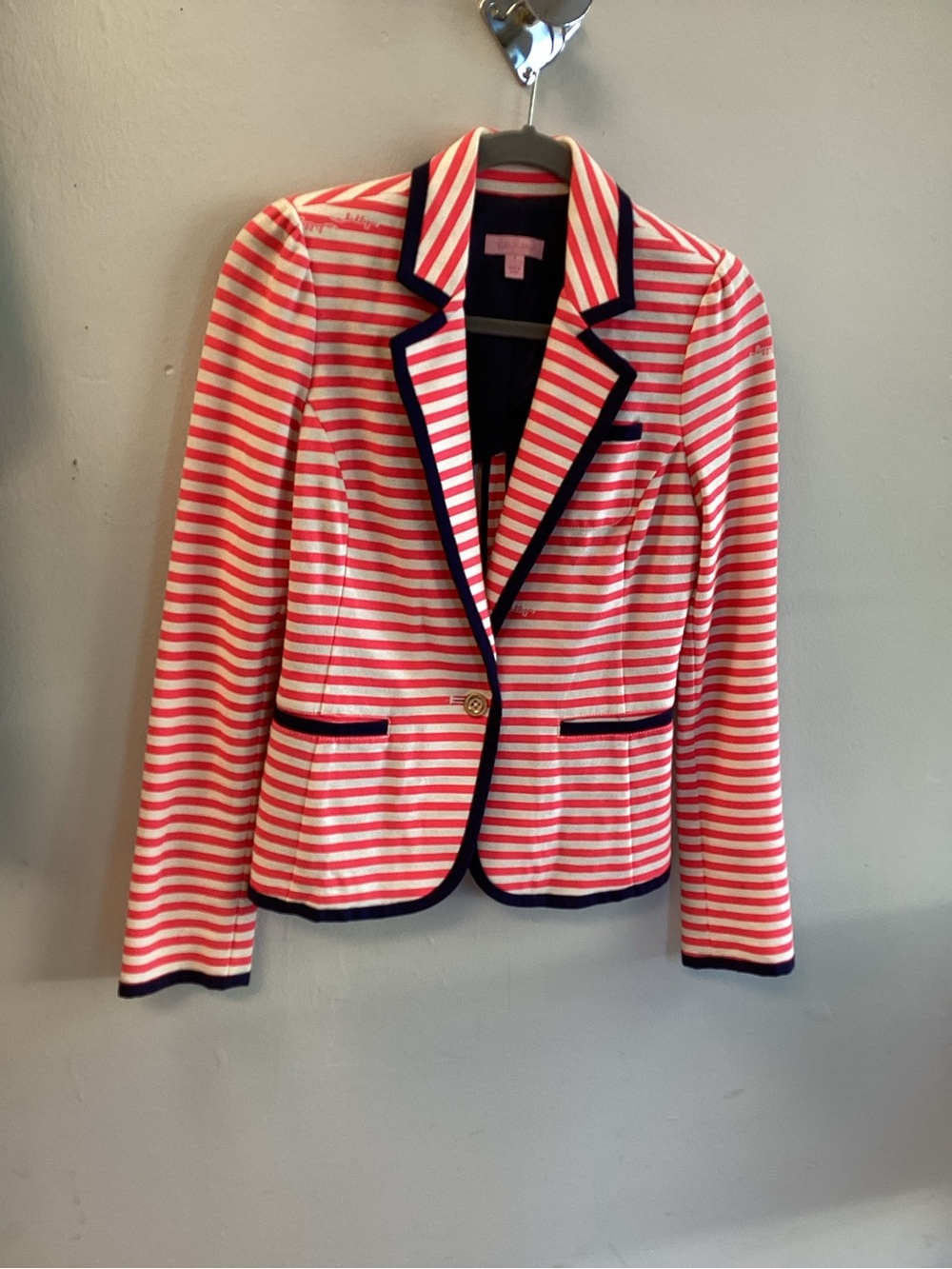Lilly Pulitzer Pink White Striped Peplum Blazer Jacket Navy Trim Small - Picture 2 of 4